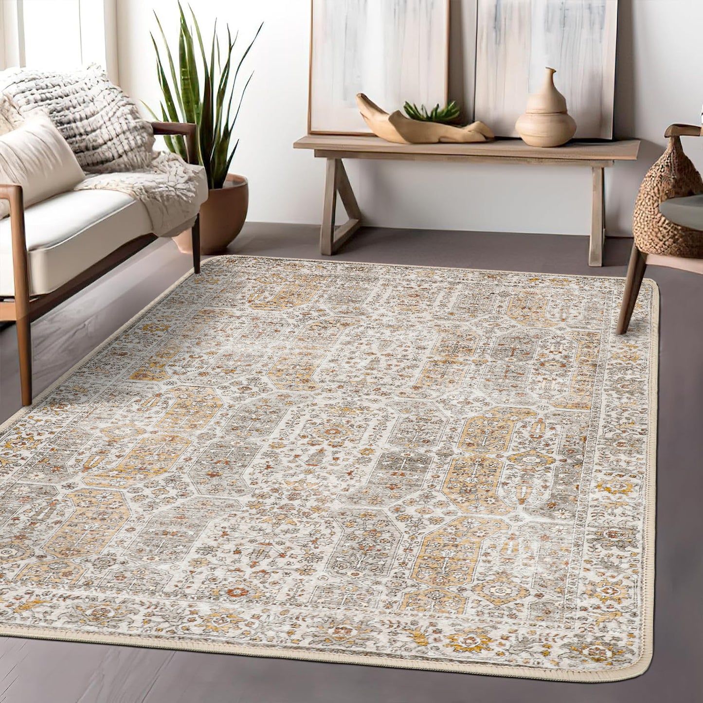 KUETH Area Rugs for Living Room Bedroom, Machine Washable Stain Resistant Non-Shed Carpet,, Low Pile Mat with Non Slip Backing