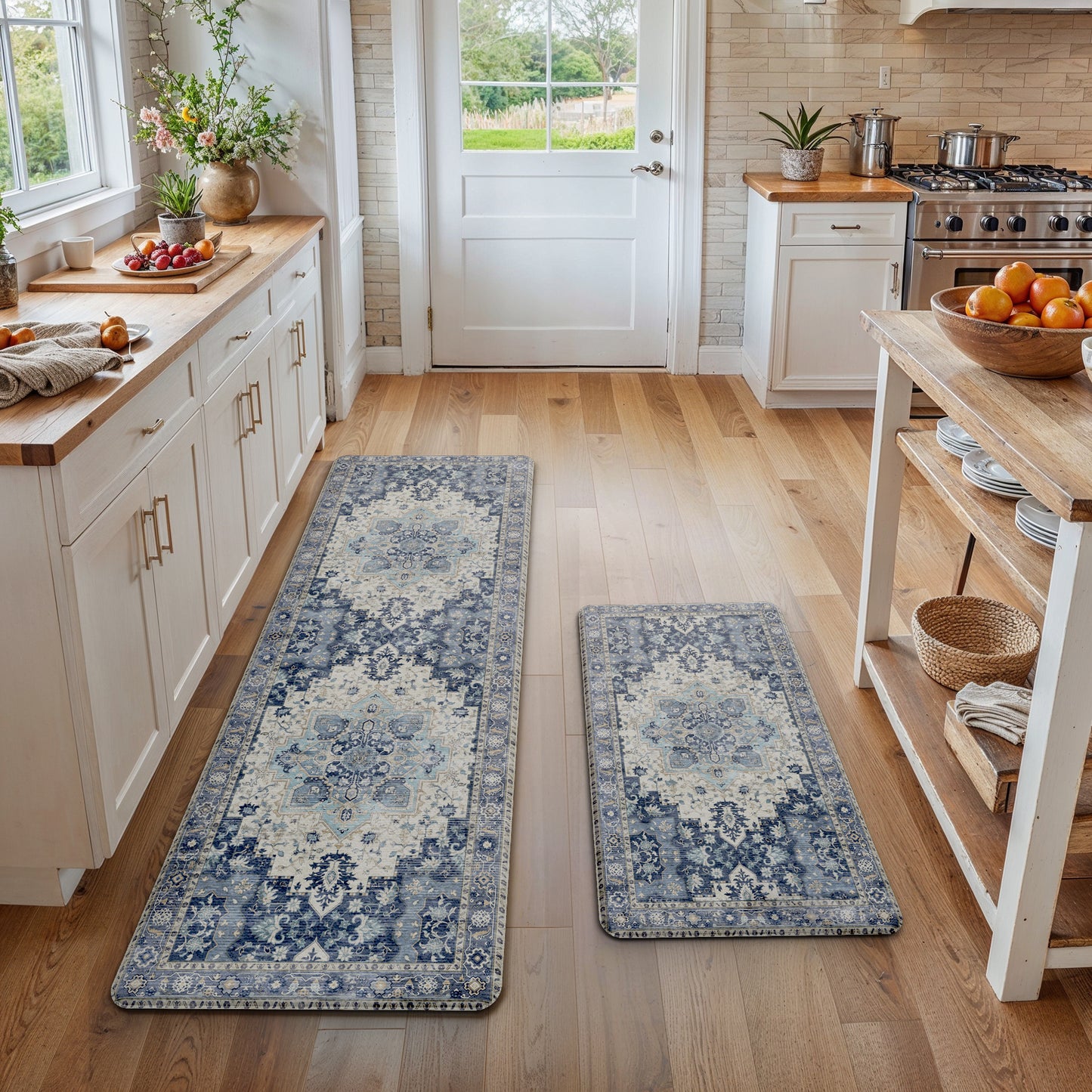 KUETH Kitchen Mats for Floor, Kitchen Rug with Anti Fatigue, Non Slip Washable Kitchen Rug, Set of 2 Kitchen Mat 17"x47"+17"x30", Runner Rug with Waterproof for Bathroon and Bedroom