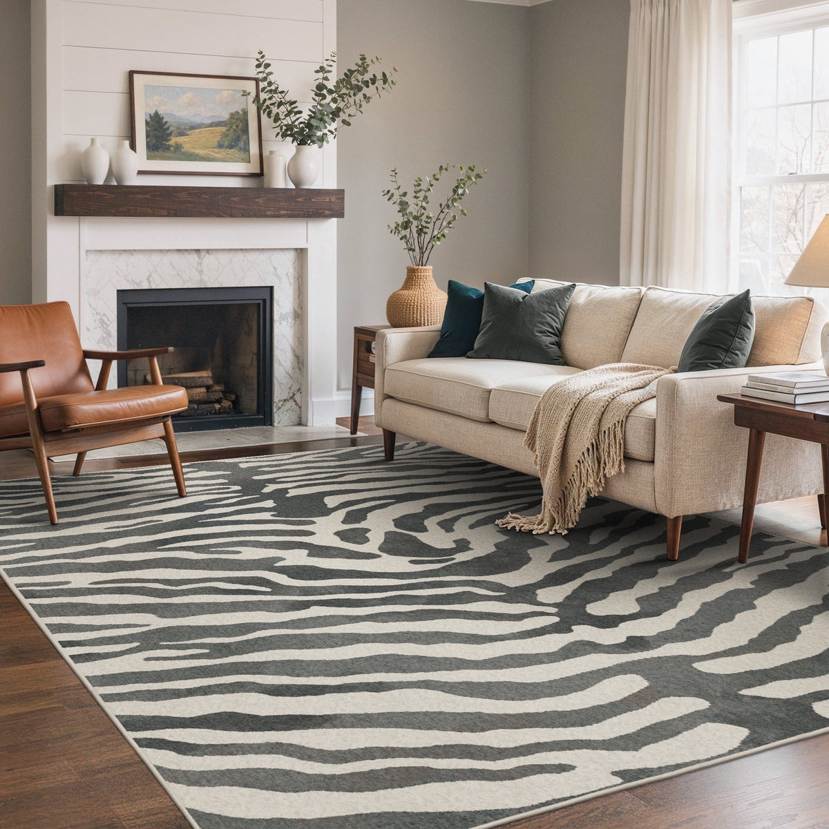 KUETH 8x10 Zebra Area Rugs Machine Washable Rugs for Living Room, Non Slip Flat Pile Rug with Rubber Backing, Modern Rug for Entryway Bedroom Dining Room Home Office