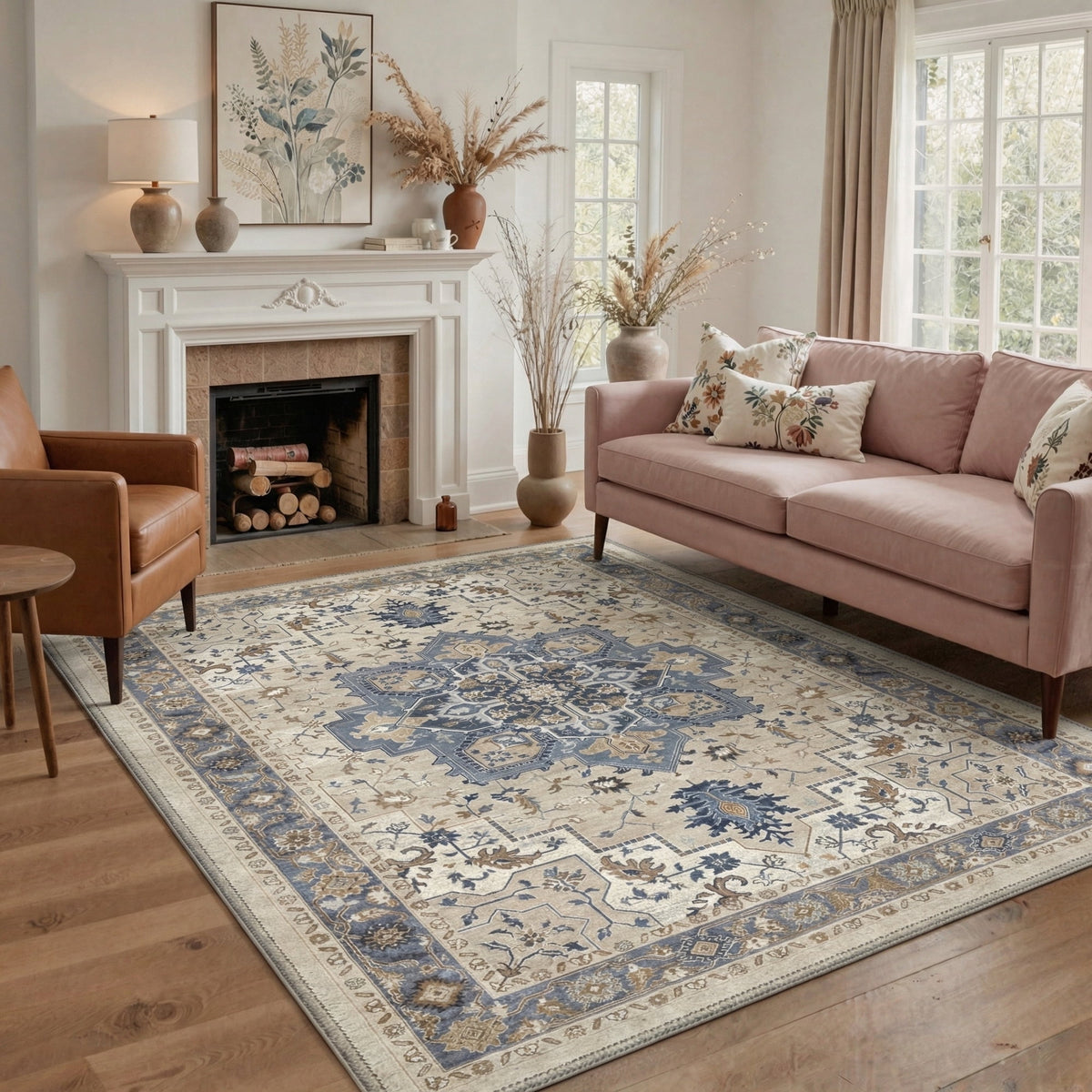 KUETH Modern 8x10 Area Rugs for Living Room, Non Slip Machine Washable Retro Rugs, Low Pile Chenille Print Rug for Bedroom, Dining Room, Home Office