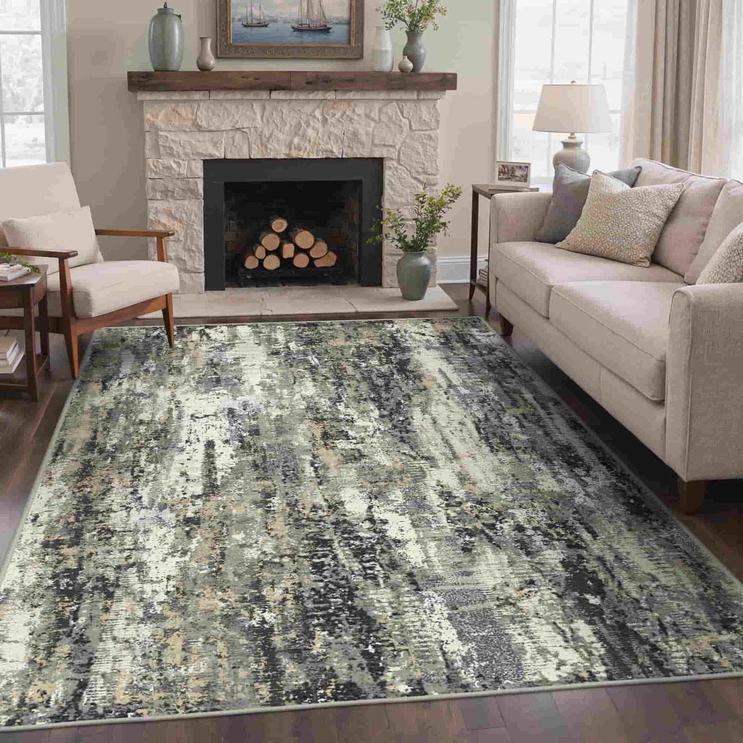 KUETH 8X10 Vintage Area Rugs Machine Washable Rugs for Living Room, Non Slip Flat Pile Rug with Rubber Backing, Boho Rug for Entryway Bedroom Dining Room Home Office