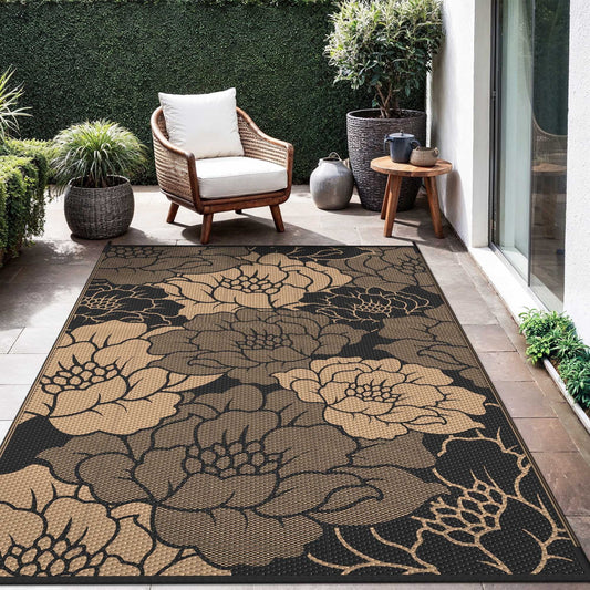 KUETH 5'x 8' Outdoor Rug Plastic Waterproof Outside Foldable Flower Mat UV Resistant Patio RV Deck Carpet,Black Brown