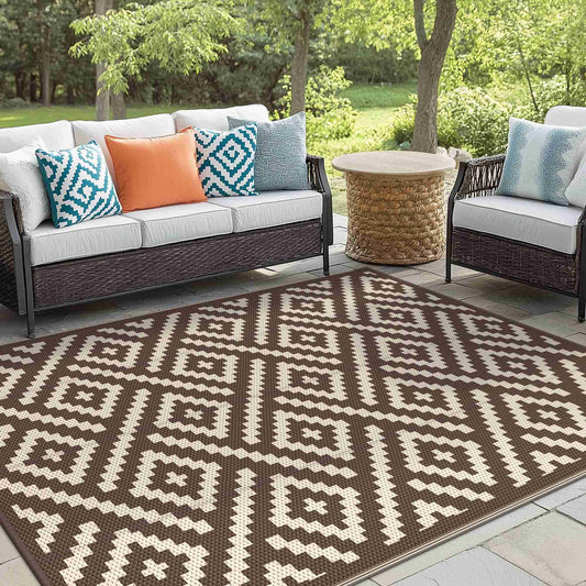 KUETH 5' x 8' Outdoor Waterproof Rug Camping Mat Patio Geometric Carpet,COFFEE&BEIGE