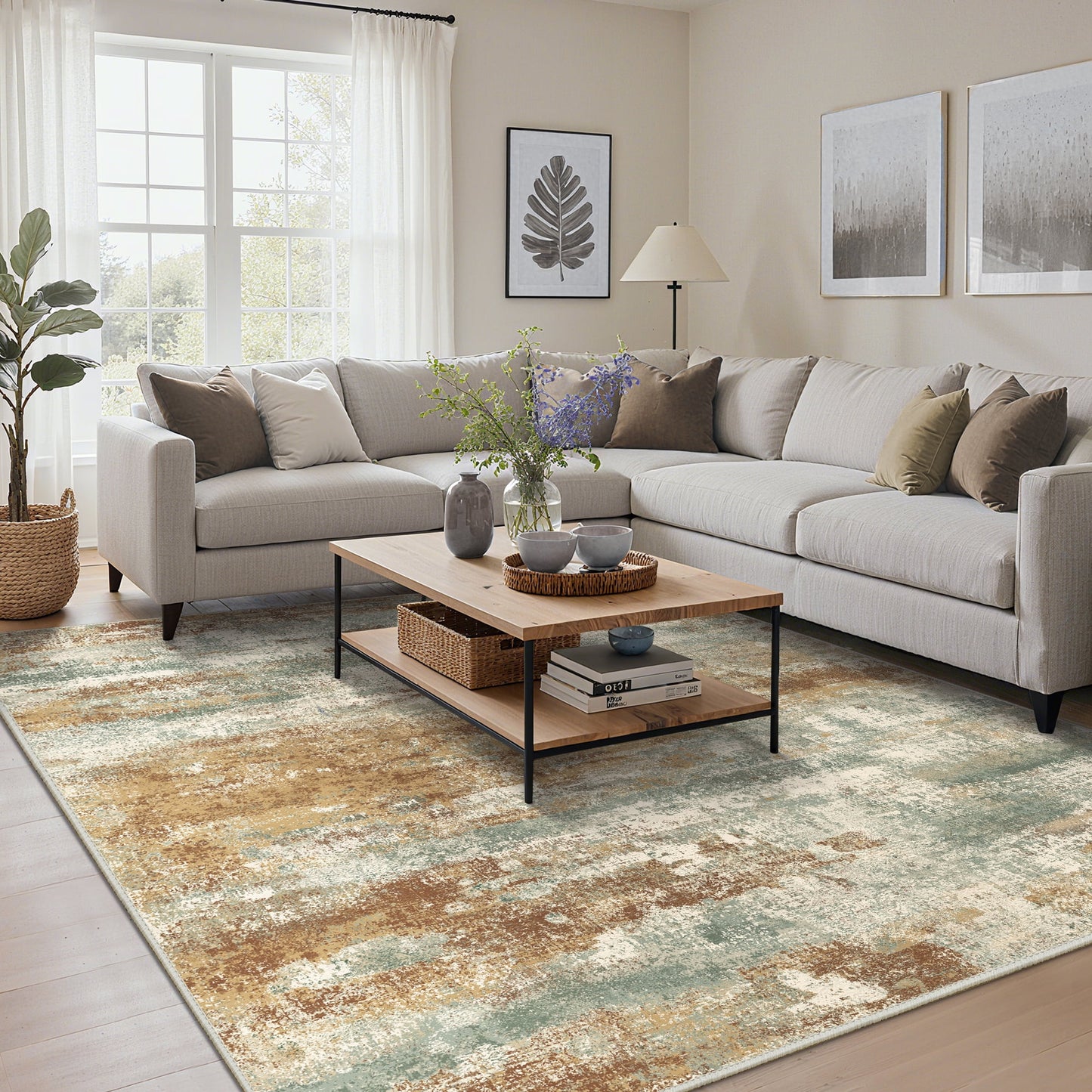 KUETH 8X10 Vintage Area Rugs Machine Washable Rugs for Living Room, Non Slip Flat Pile Rug with Rubber Backing, Boho Rug for Entryway Bedroom Dining Room Home Office