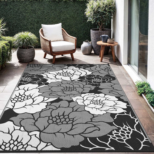 KUETH 6'x 9' Outdoor Rug Plastic Waterproof Outside Foldable Flower Mat UV Resistant Patio RV Deck Carpet,Black White