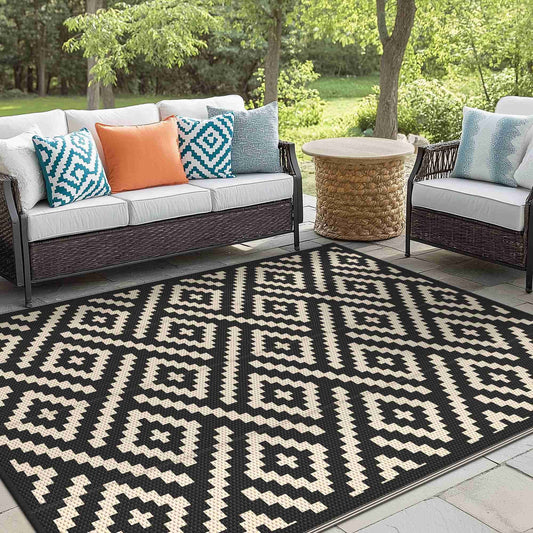 KUETH 6'x 9'Outdoor Waterproof Rug Camping Mat Patio Geometric Carpet,Black & Beige