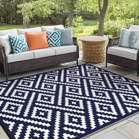 KUETH 6' x 9' Outdoor Waterproof Rug Camping Mat Patio Geometric Carpet,Navy Blue&White