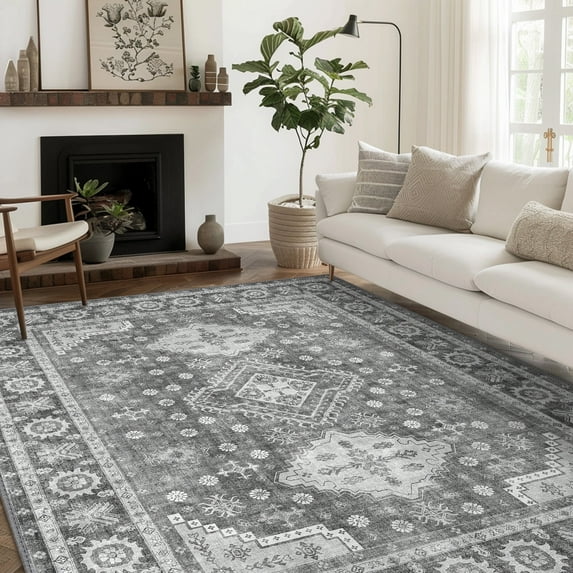 KUETH 6x9 Area Rugs for Bedroom Living Room, Machine Washable Stain Resistant Floor Cover, Large Print Boho Vintage Tribal Aesthetic Carpet, Low Pile Mat with Non Slip Rubber Backing, Distressed Gray