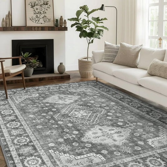 KUETH 6x9 Area Rugs for Bedroom Living Room, Machine Washable Stain Resistant Floor Cover, Large Print Boho Vintage Tribal Aesthetic Carpet, Low Pile Mat with Non Slip Rubber Backing, Distressed Gray