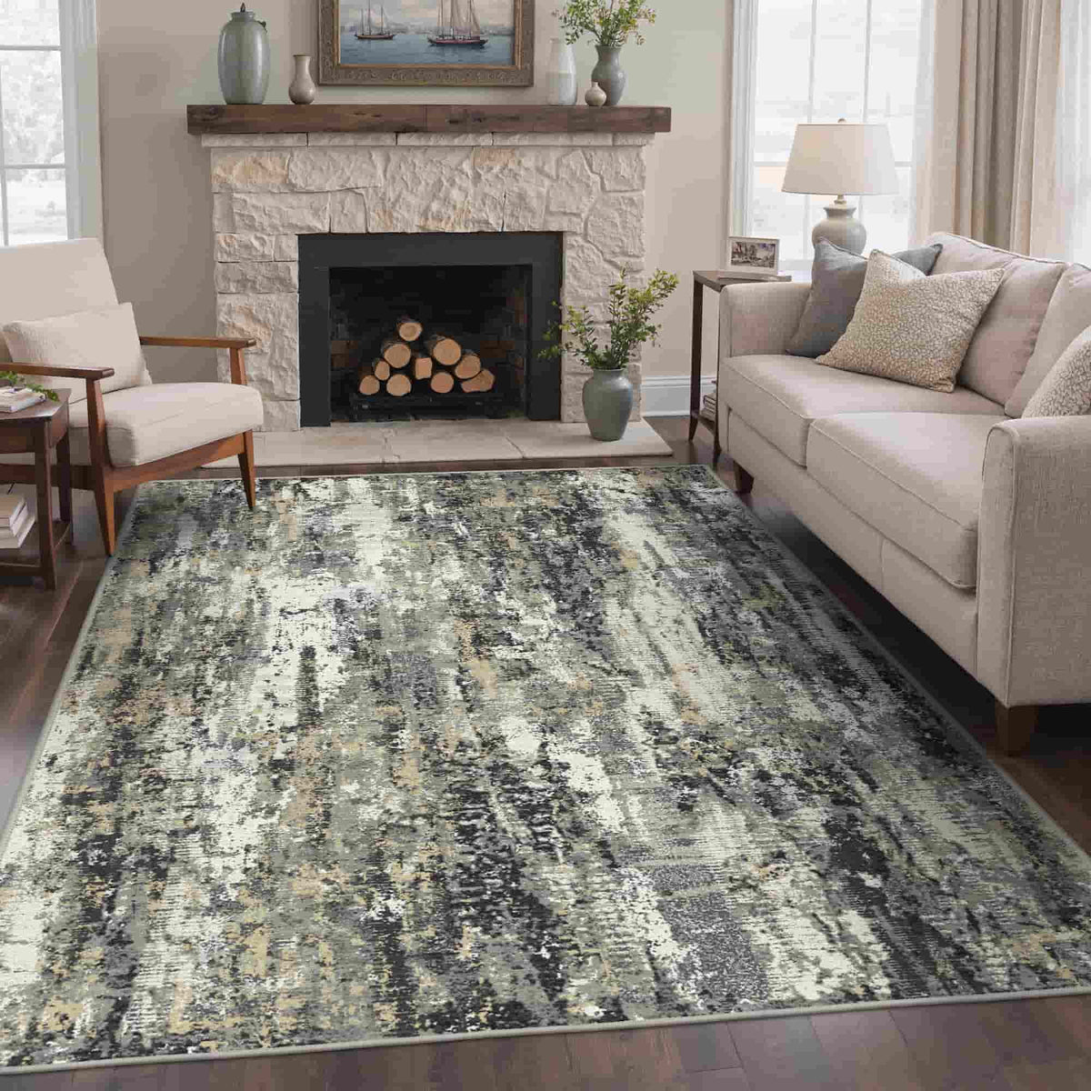 KUETH 8X10 Vintage Area Rugs Machine Washable Rugs for Living Room, Non Slip Flat Pile Rug with Rubber Backing, Boho Rug for Entryway Bedroom Dining Room Home Office