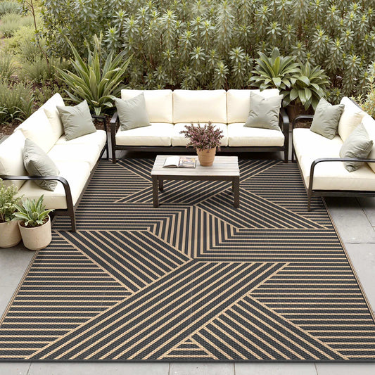 KUETH 8'x 10' Outdoor Rug Plastic Foldable Waterproof Outside Carpet UV Resistant Geometric Patio RV Deck Mat,Black Brown