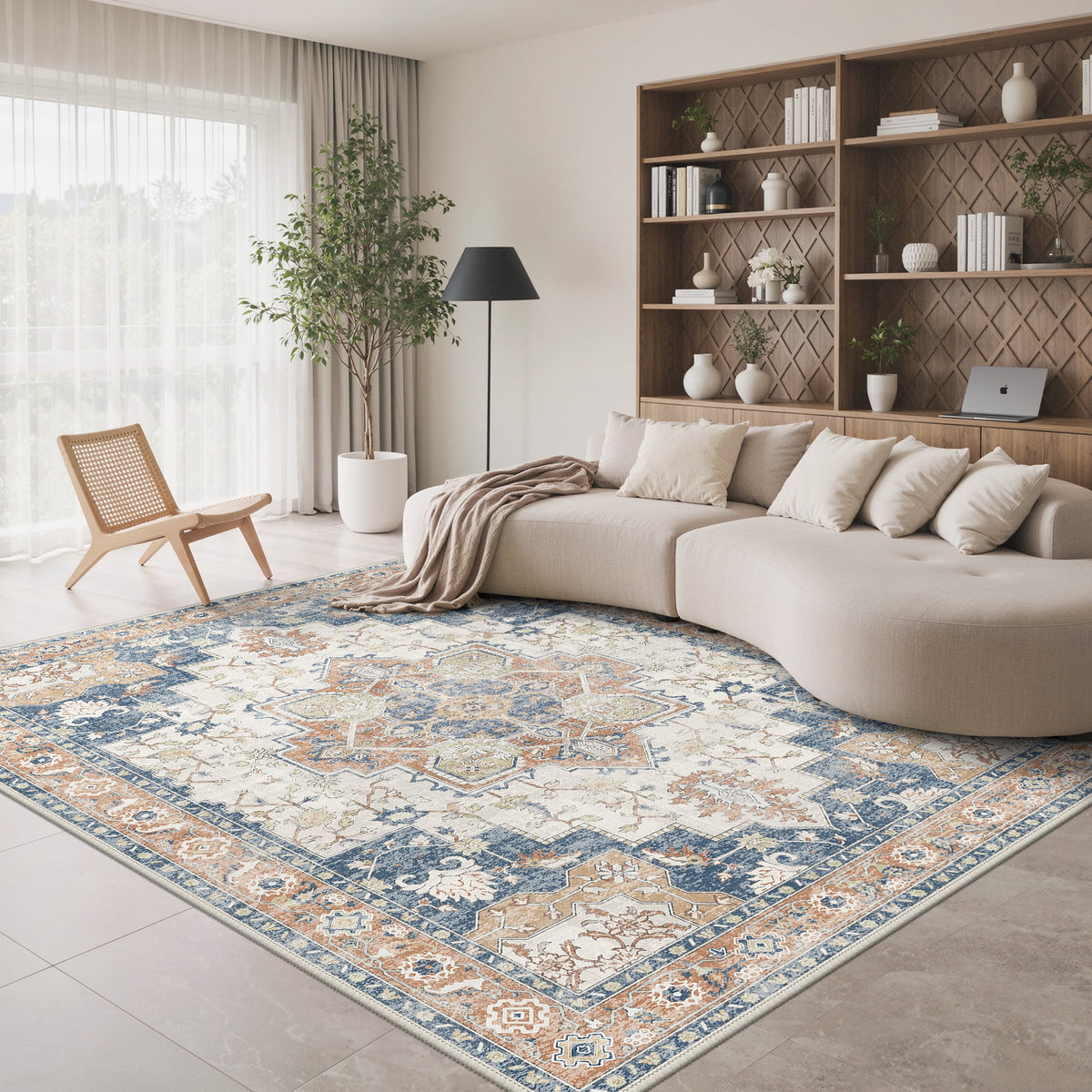 KUETH Modern 8x10 Area Rugs for Living Room, Non Slip Machine Washable Retro Rugs, Low Pile Chenille Print Rug for Bedroom, Dining Room, Home Office