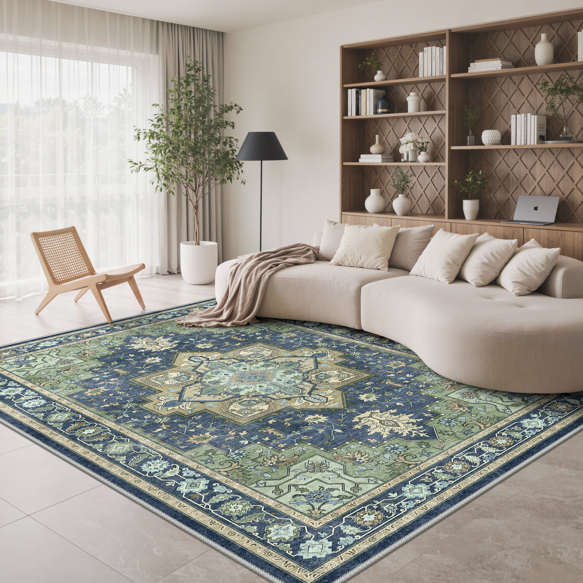 KUETH Modern 8x10 Area Rugs for Living Room, Non Slip Machine Washable Retro Rugs, Low Pile Chenille Print Rug for Bedroom, Dining Room, Home Office