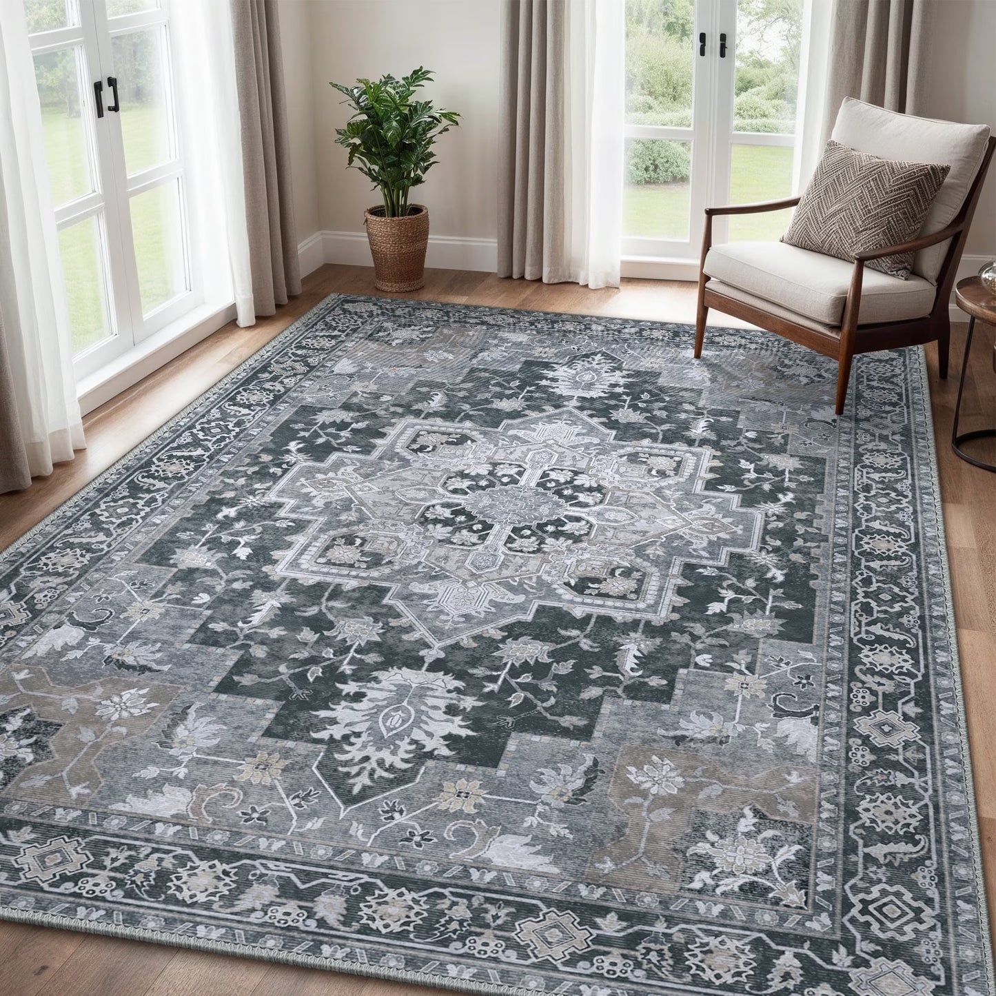 KUETH 9x12 Area Rugs for Living Room, Non Slip Machine Washable Low-Pile Rugs, Strain resistant and Ultra-thin Print Rug for Bedroom, Dining Room, Home Office.