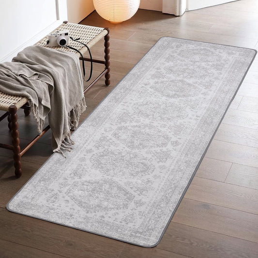 KUETH Area Rug Kitchen Runner Rugs 2x7 Machine Washable Bedroom Rugs Distressed Vintage Print Gray Large Throw Rug Dining Room Living Room Aesthetic, Non Slip Carpet with Gripper
