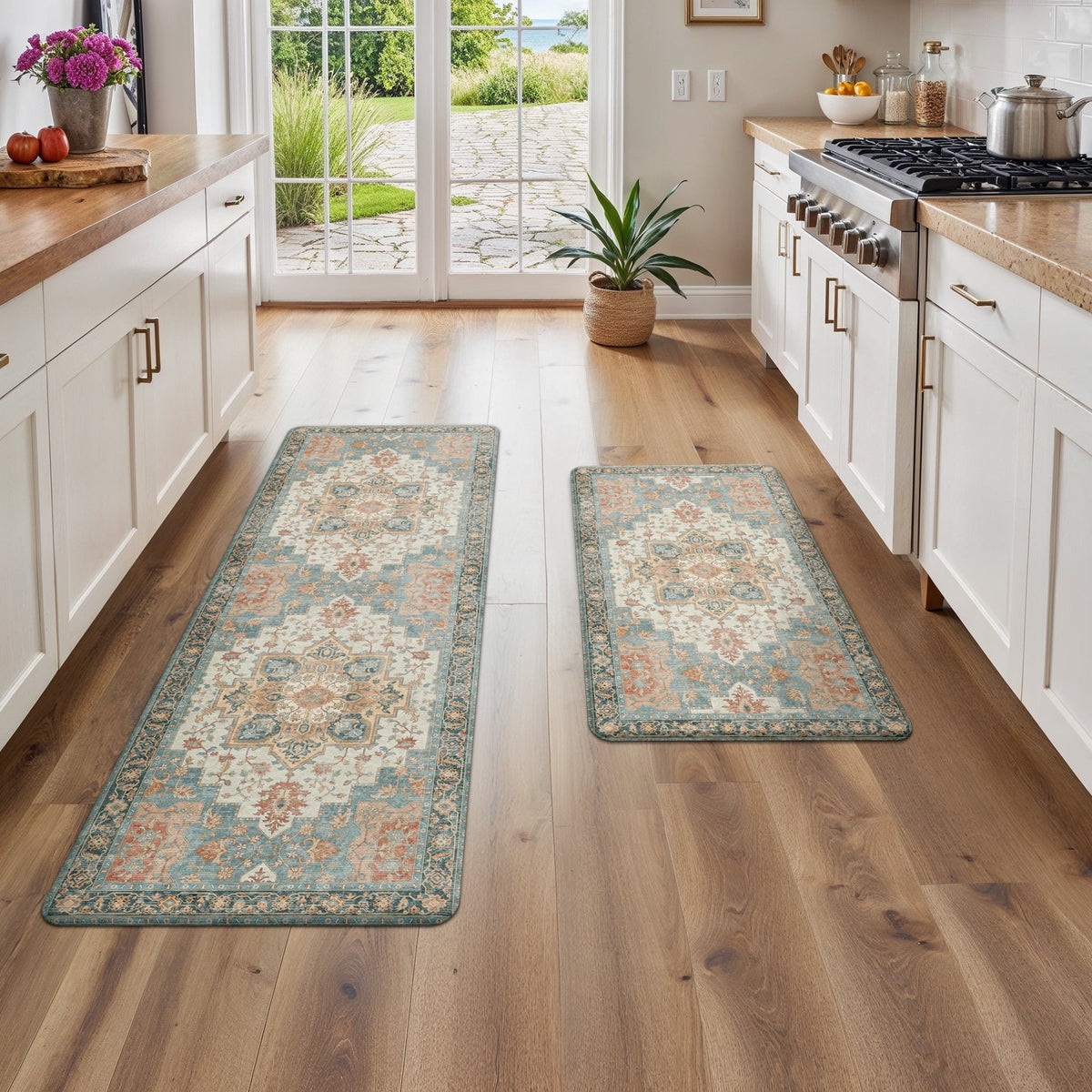 KUETH Kitchen Rug for Floor, Kitchen Mat Anti Fatigue, Non Slip Washable Kitchen Rug, Set of 2 Kitchen Mat 17"x47"+17"x30", Brown