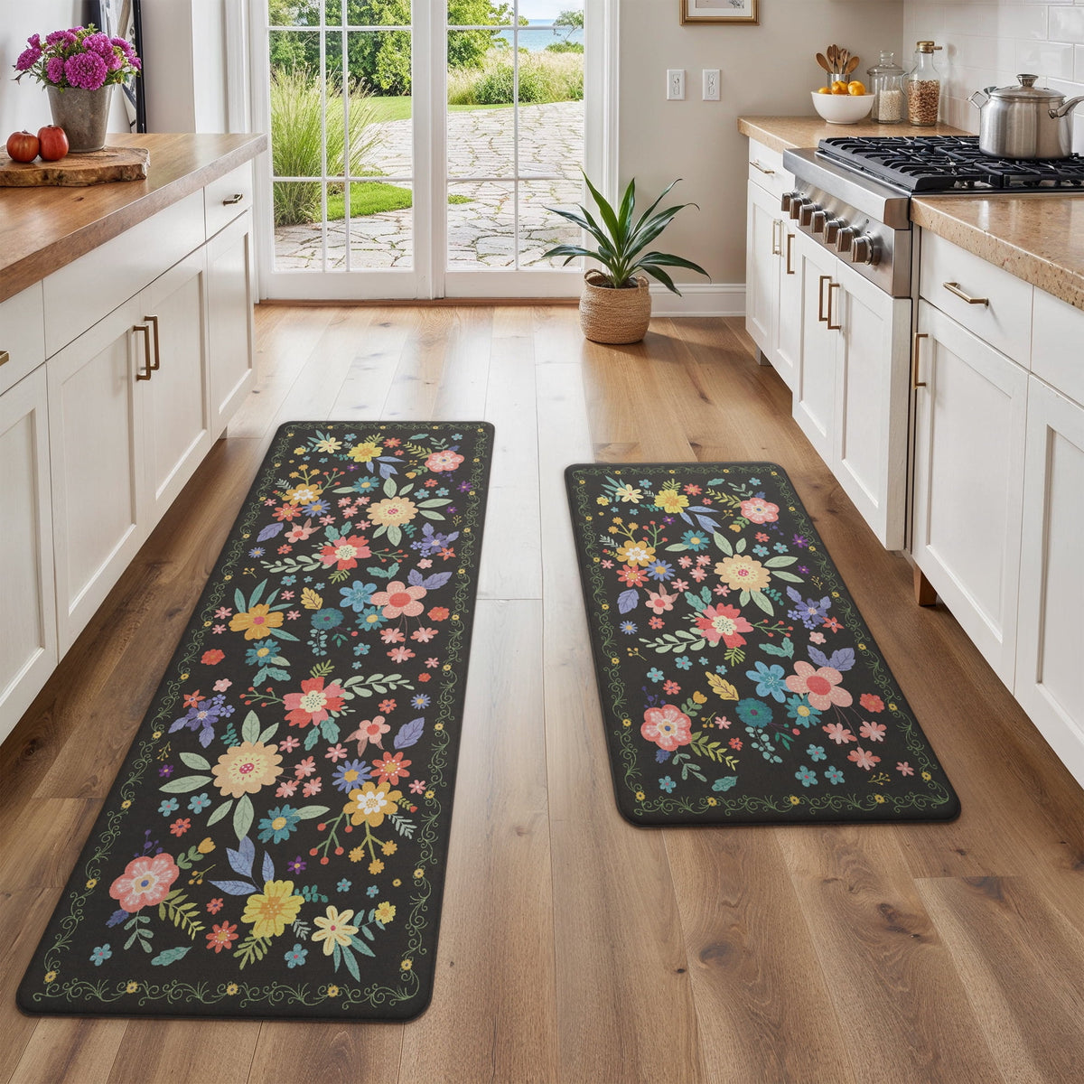 KUETH Kitchen Rug for Floor, Kitchen Mat Anti Fatigue, Non Slip Washable Kitchen Rug, Set of 2 Kitchen Mat 17"x47"+17"x30", Brown