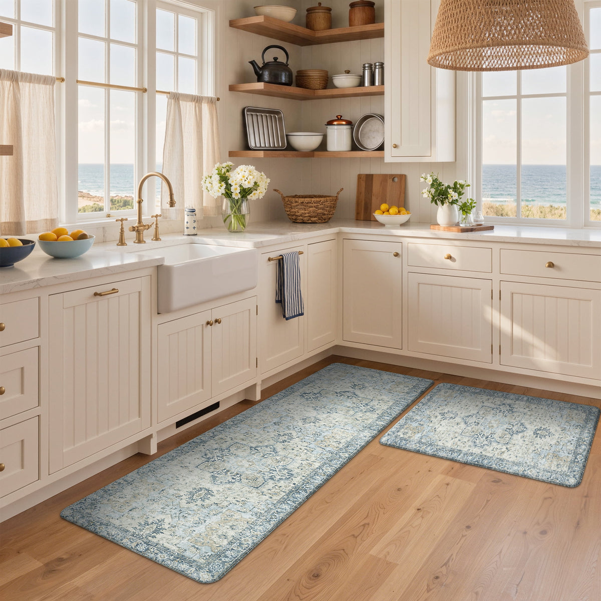 KUETH Kitchen Rug for Floor, Kitchen Mat Anti Fatigue, Non Slip Washable Kitchen Rug, Set of 2 Kitchen Mat 17"x47"+17"x30", Brown