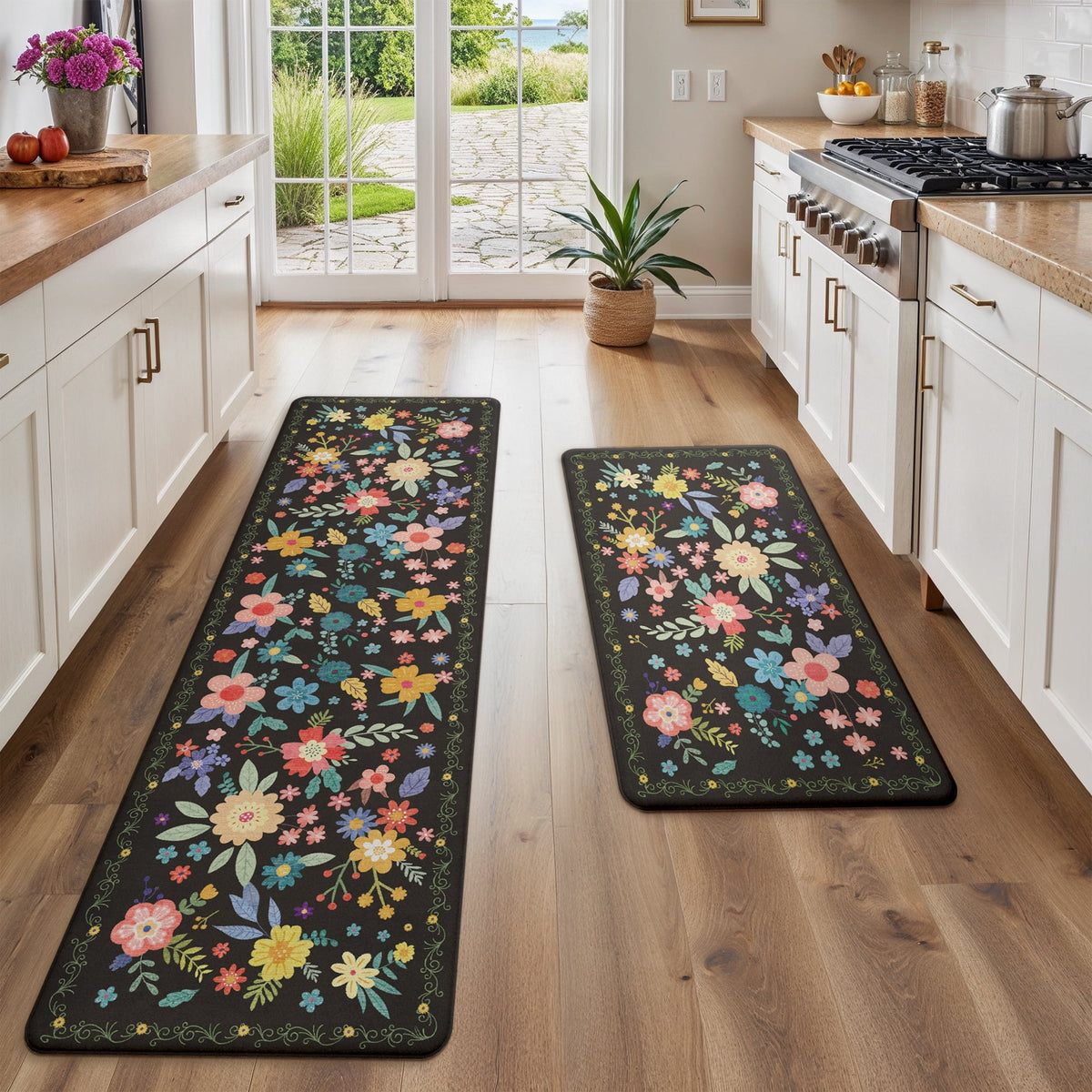 KUETH Kitchen Rug for Floor, Kitchen Mat Anti Fatigue, Non Slip Washable Kitchen Rug, Set of 2 Kitchen Mat 17"x47"+17"x30", Brown