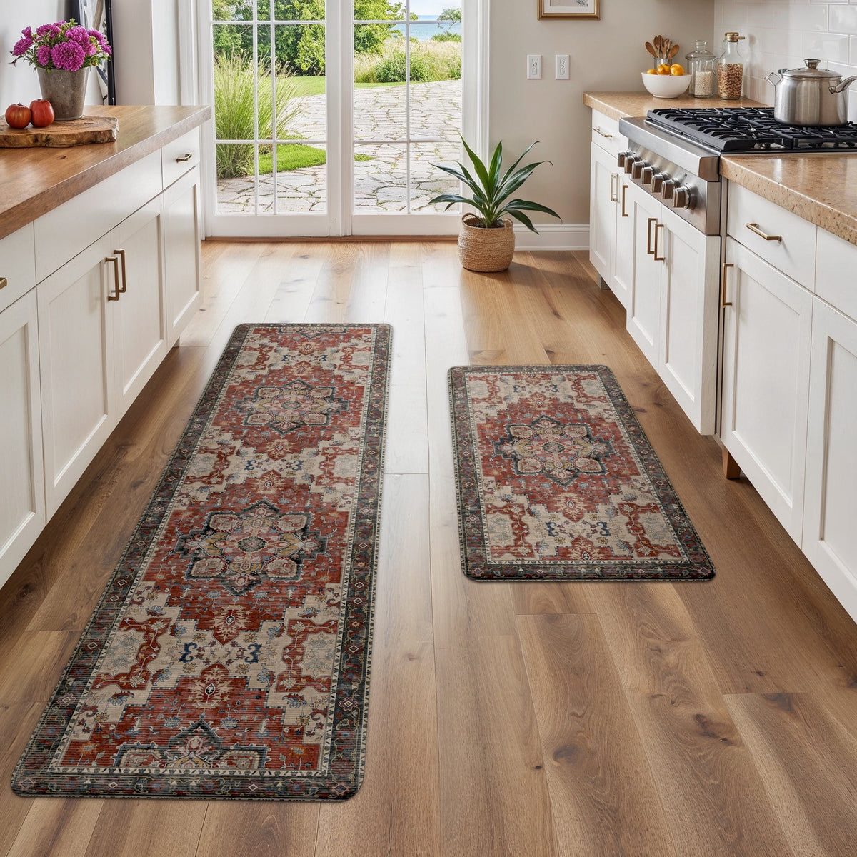 KUETH Kitchen Rug for Floor, Kitchen Mat Anti Fatigue, Non Slip Washable Kitchen Rug, Set of 2 Kitchen Mat 17"x47"+17"x30", Brown