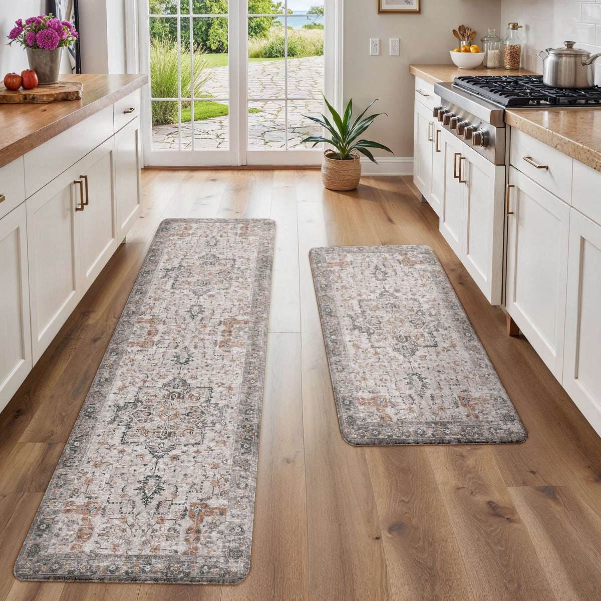 KUETH Kitchen Rug for Floor, Kitchen Mat Anti Fatigue, Non Slip Washable Kitchen Rug, Set of 2 Kitchen Mat 17"x47"+17"x30", Brown