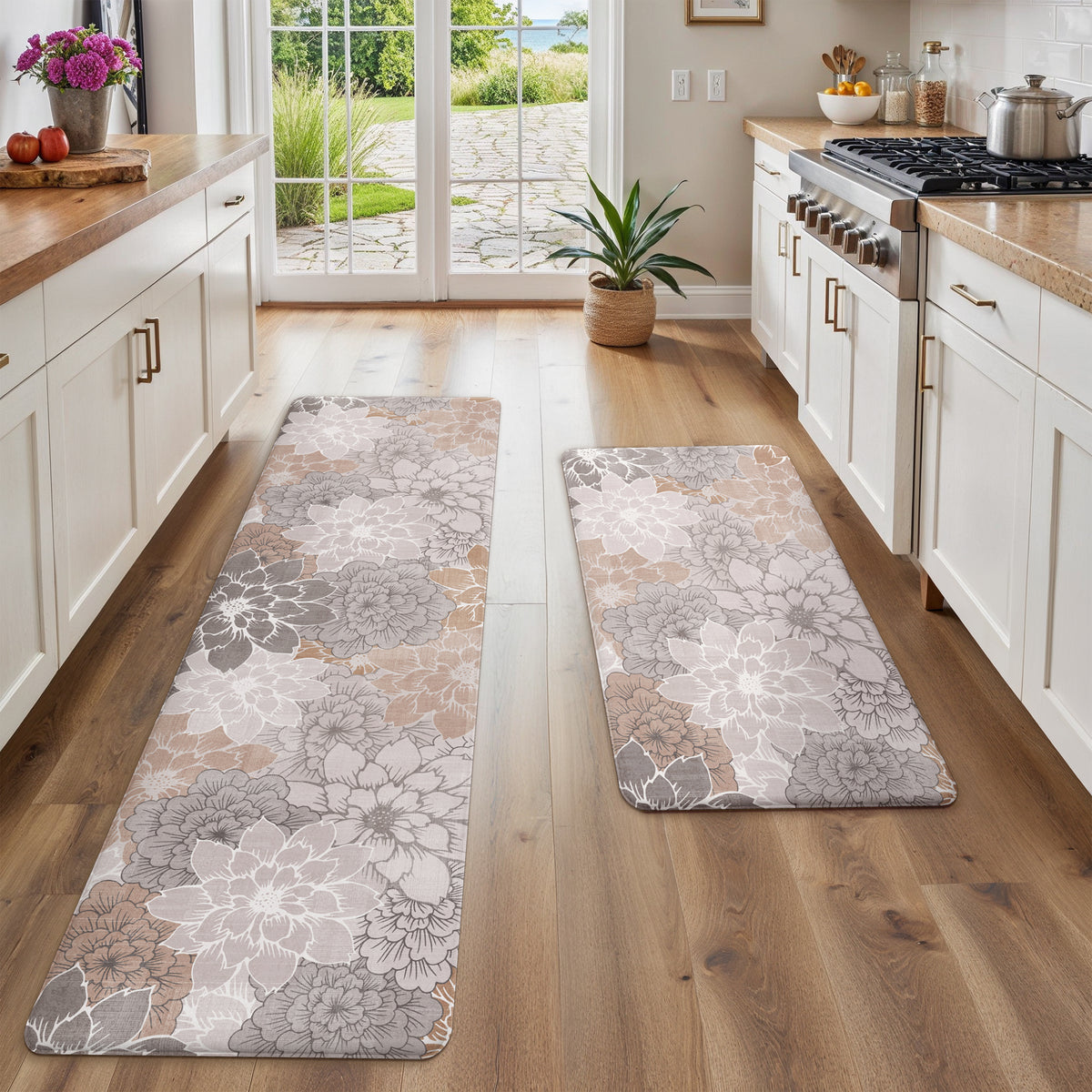 KUETH Kitchen Rug for Floor, Kitchen Mat Anti Fatigue, Non Slip Washable Kitchen Rug, Set of 2 Kitchen Mat 17"x47"+17"x30", Brown