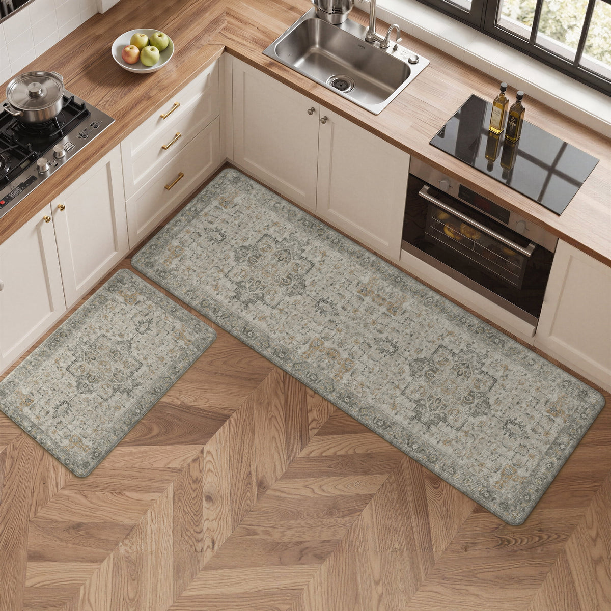 KUETH Kitchen Rug for Floor, Kitchen Mat Anti Fatigue, Non Slip Washable Kitchen Rug, Set of 2 Kitchen Mat 17"x47"+17"x30", Brown