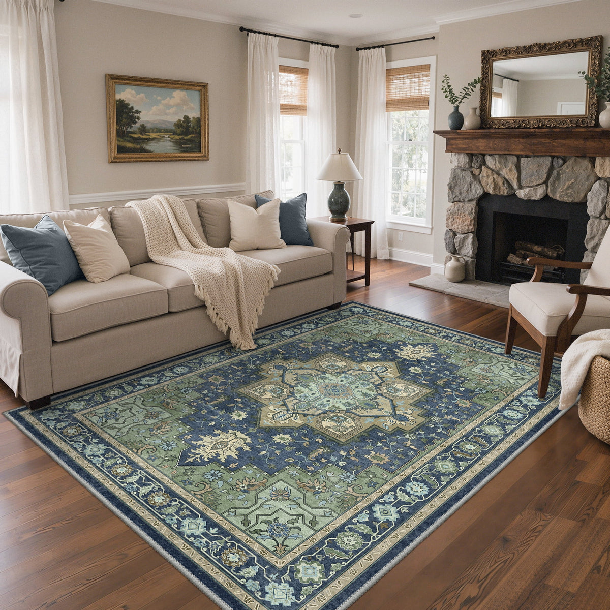 KUETH Modern 8x10 Area Rugs for Living Room, Non Slip Machine Washable Retro Rugs, Low Pile Chenille Print Rug for Bedroom, Dining Room, Home Office