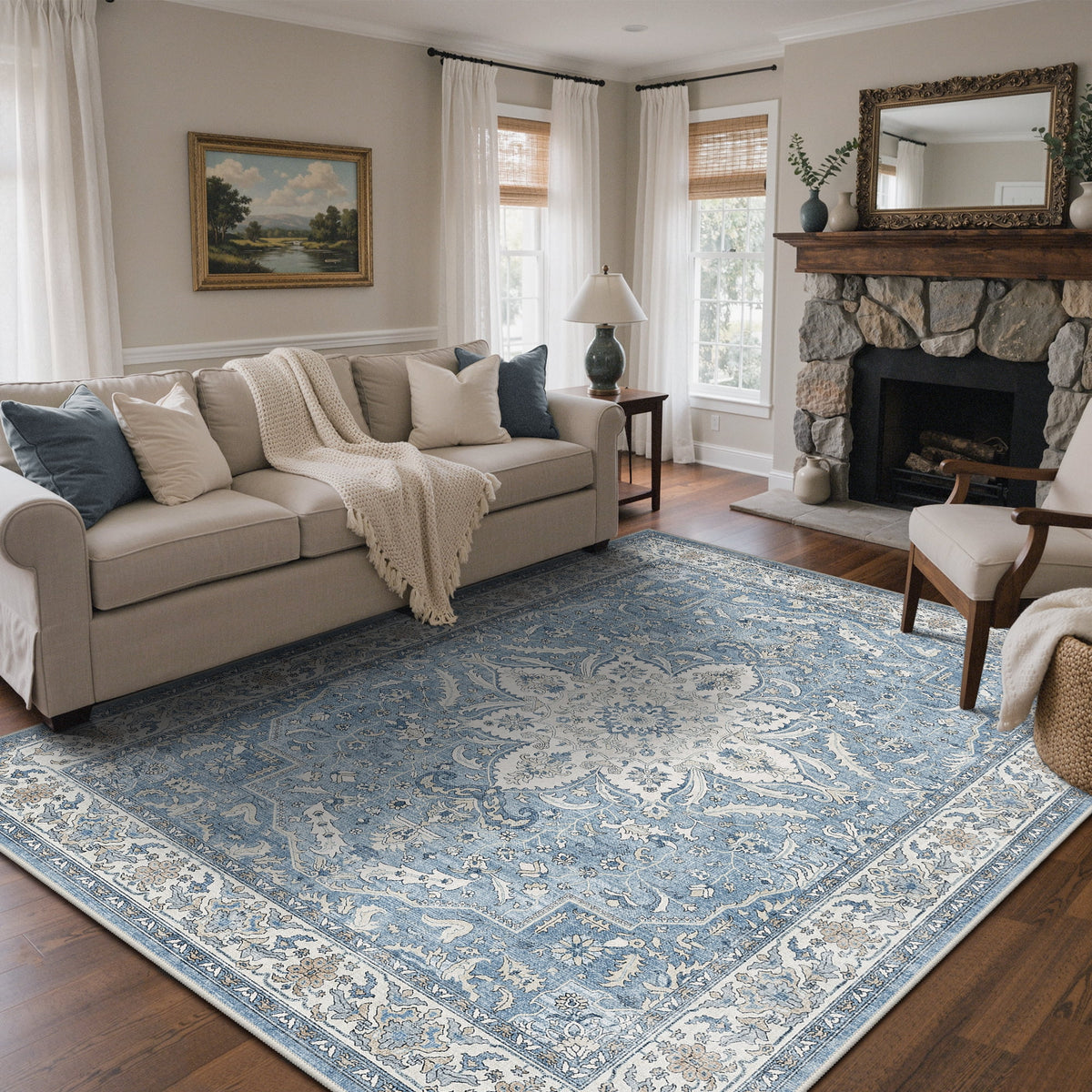 KUETH Modern 8x10 Area Rugs for Living Room, Non Slip Machine Washable Retro Rugs, Low Pile Chenille Print Rug for Bedroom, Dining Room, Home Office