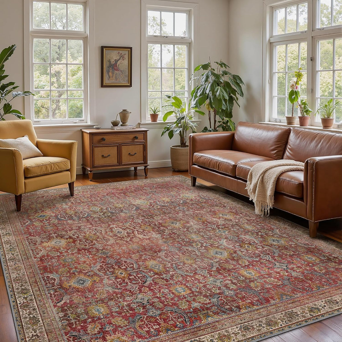 KUETH Modern 5x7 Area Rugs for Living Room, Non Slip Machine Washable Retro Rugs, Low Pile Chenille Print Rug for Bedroom, Dining Room, Home Office