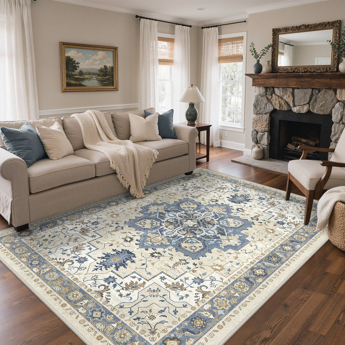 KUETH Modern 8x10 Area Rugs for Living Room, Non Slip Machine Washable Retro Rugs, Low Pile Chenille Print Rug for Bedroom, Dining Room, Home Office