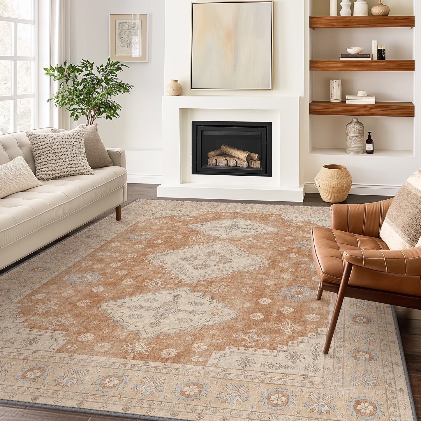 KUETH Area Rugs for Living Room 5x7 Machine Washable Bedroom Rugs Distressed Vintage Print Red and Yellow Large Throw Rug Dining Room Aesthetic, Non Slip Carpet with Gripper