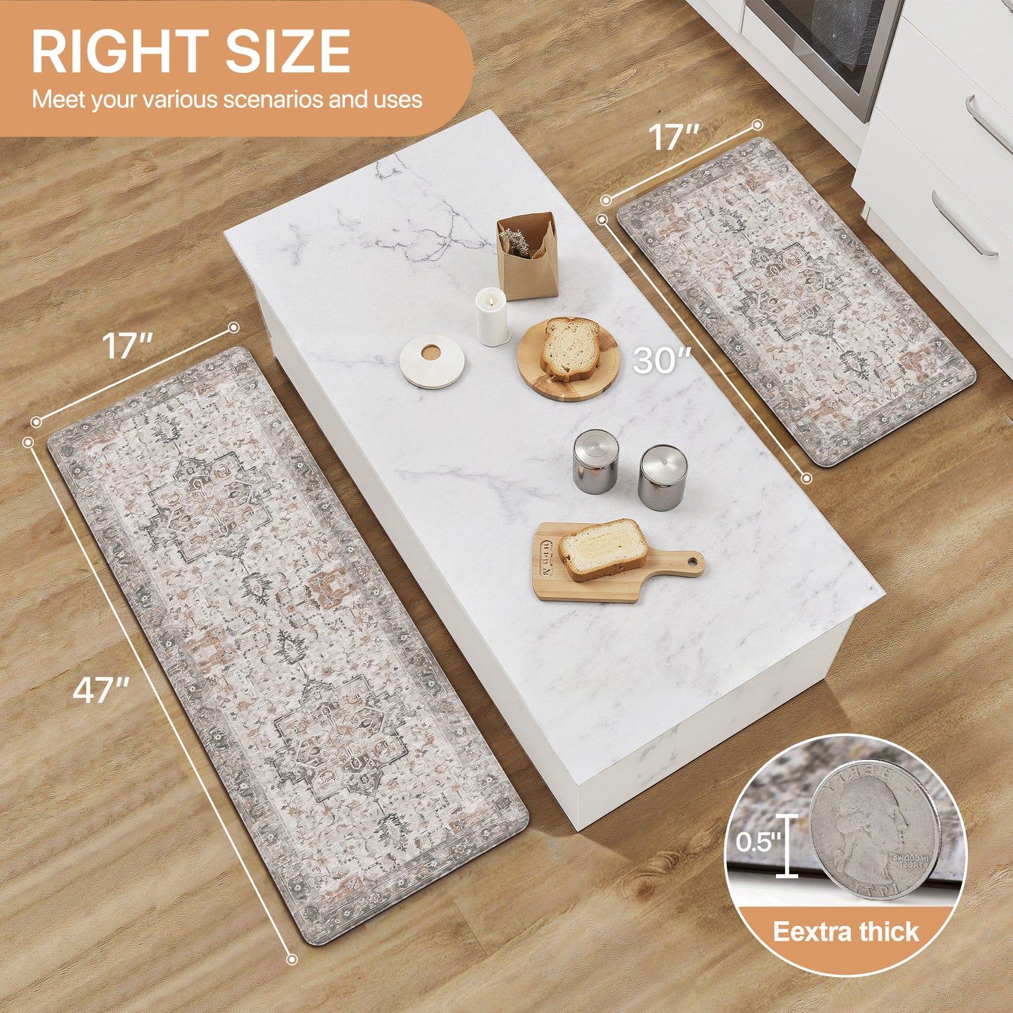 KUETH Kitchen Rug for Floor, Kitchen Mat Anti Fatigue, Non Slip Washable Kitchen Rug, Set of 2 Kitchen Mat 17"x47"+17"x30", Brown