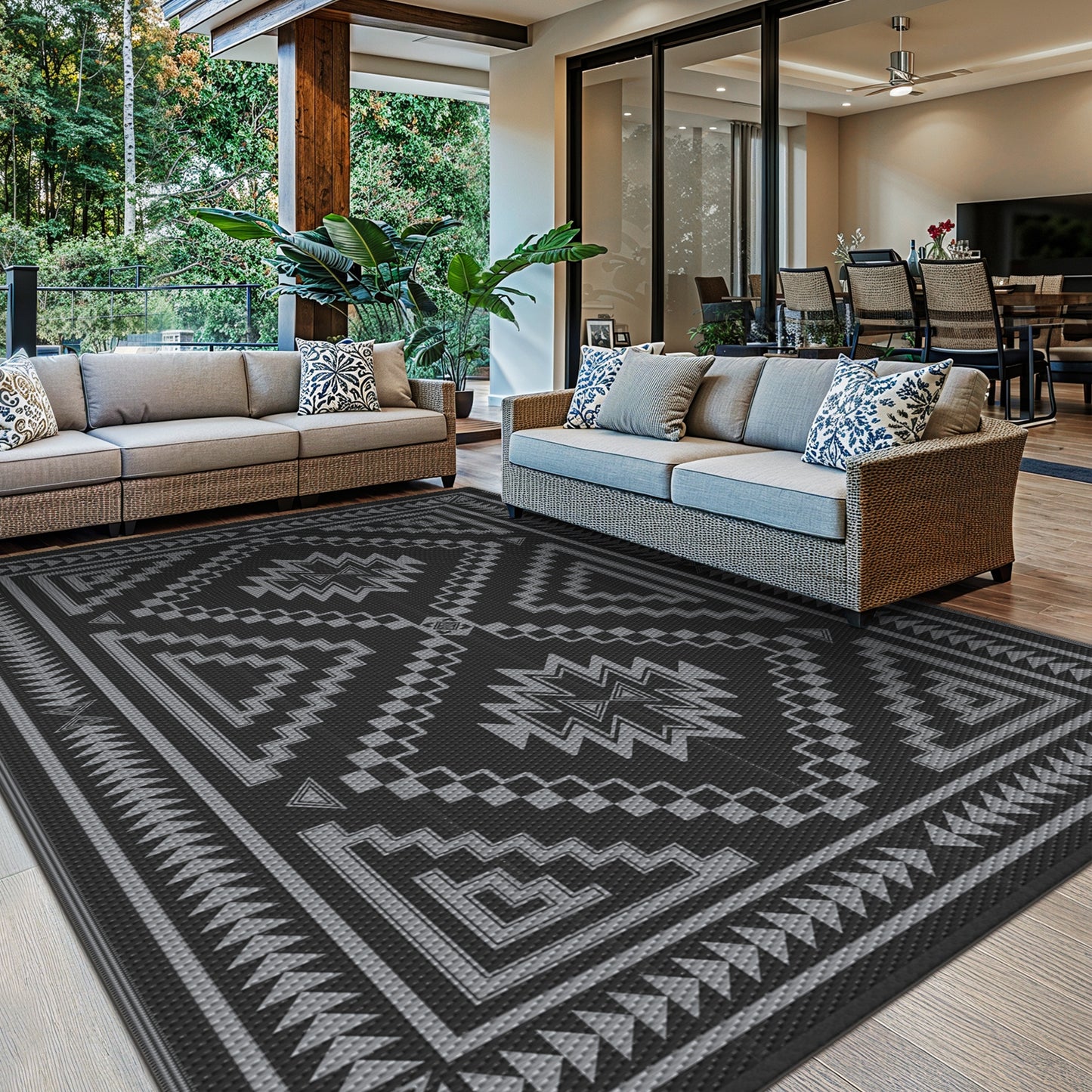 KUETH 6' x 9' Outdoor Waterproof Rug Camping Mat Patio Carpet,Black & Gray