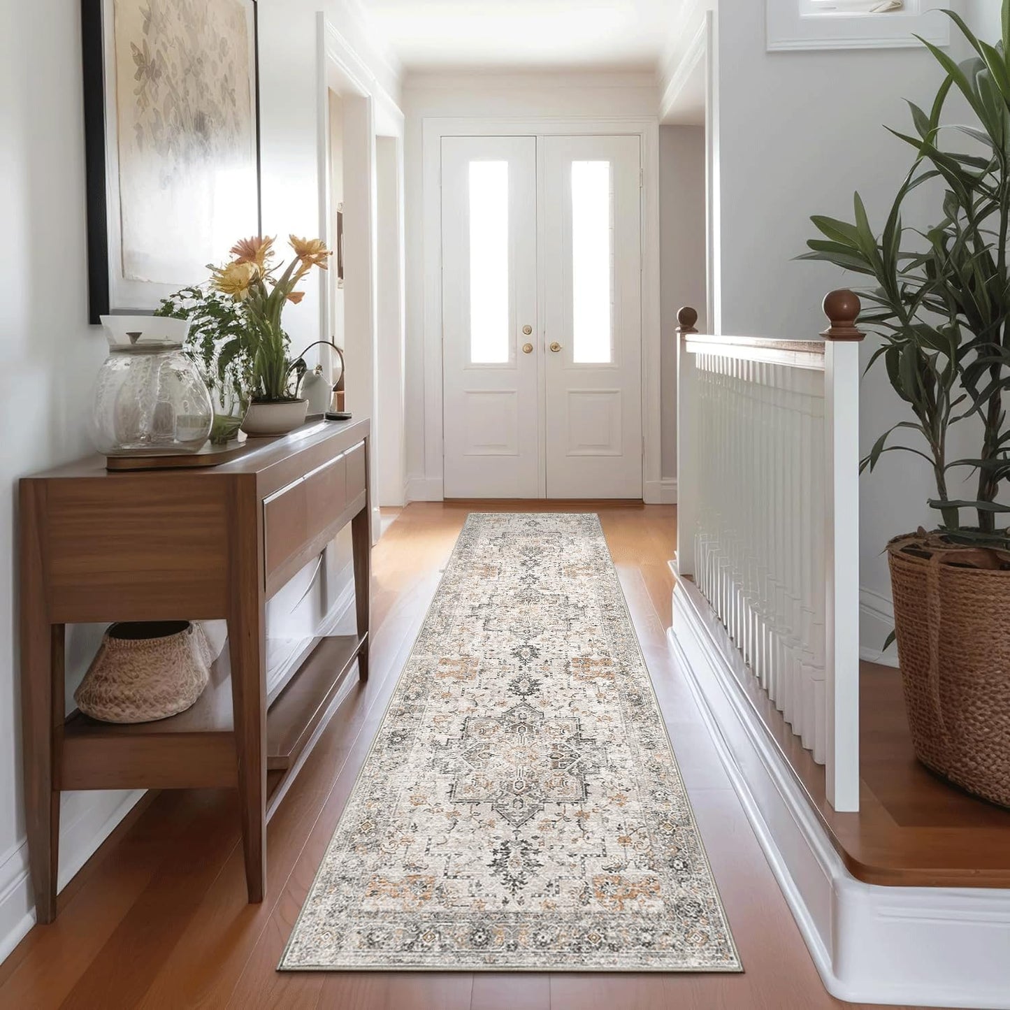 KUETH Modern Area Rug Non Slip Hallway Runner Rug, Low Pile Machine Washable Rugs for Entryway, Hallway, Kitchen and Corridor, Light Taupe Brown