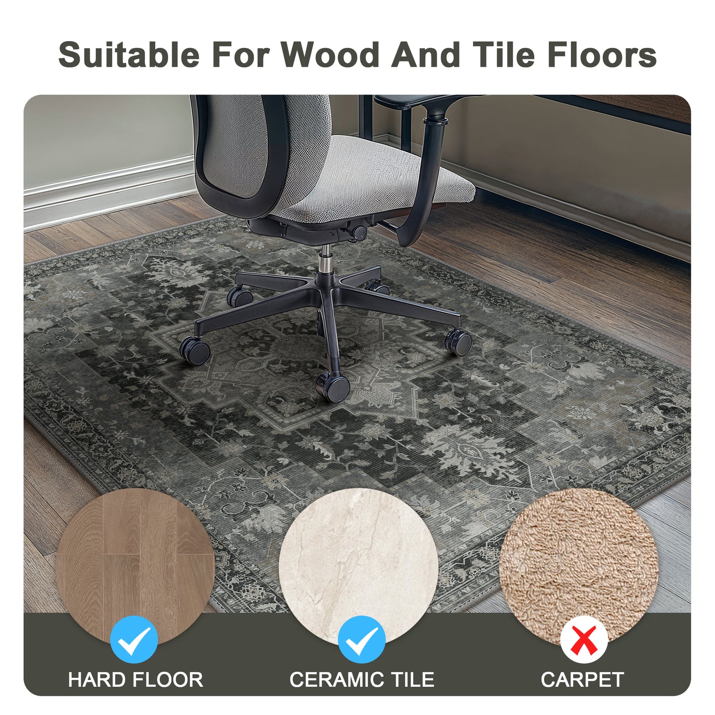 KUETH Protective Flooring Office Chair Mat for Hardwood Floor and Tile Floor, Heavy Duty Desk Chair Mat for Carpets, Anti Slip Office Floor Mats for Rolling Chairs, Low Pile Under Desk Rug
