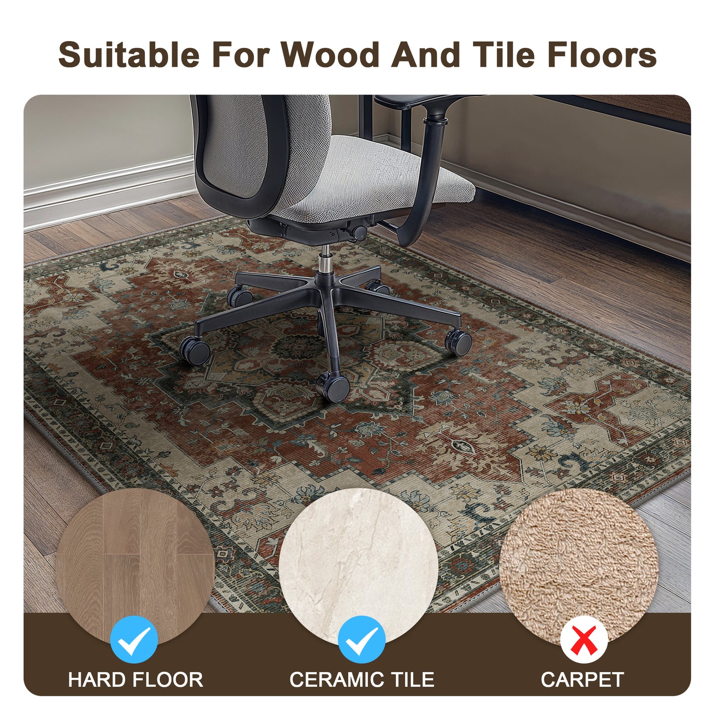 KUETH Protective Flooring Office Chair Mat for Hardwood Floor and Tile Floor, Heavy Duty Desk Chair Mat for Carpets, Anti Slip Office Floor Mats for Rolling Chairs, Low Pile Under Desk Rug
