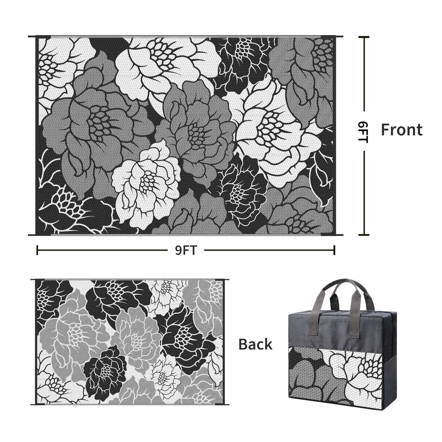 KUETH 6'x 9' Outdoor Rug Plastic Waterproof Outside Foldable Flower Mat UV Resistant Patio RV Deck Carpet,Black White