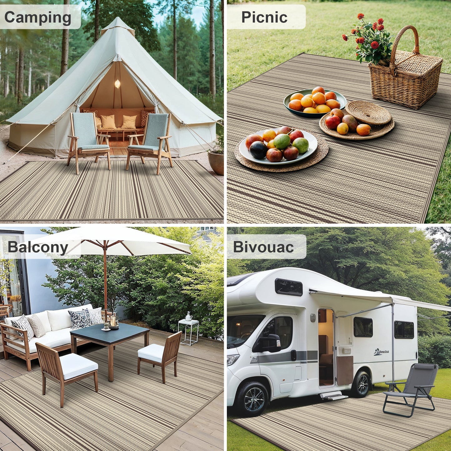 KUETH 5'x 8' Outdoor Waterproof Rug Camping Mat Patio Carpet,COFFEE&BEIGE