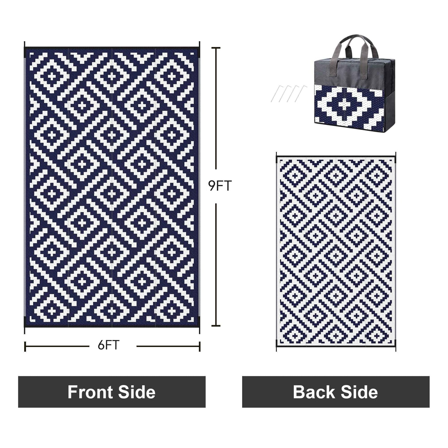 KUETH 6' x 9' Outdoor Waterproof Rug Camping Mat Patio Geometric Carpet,Navy Blue&White