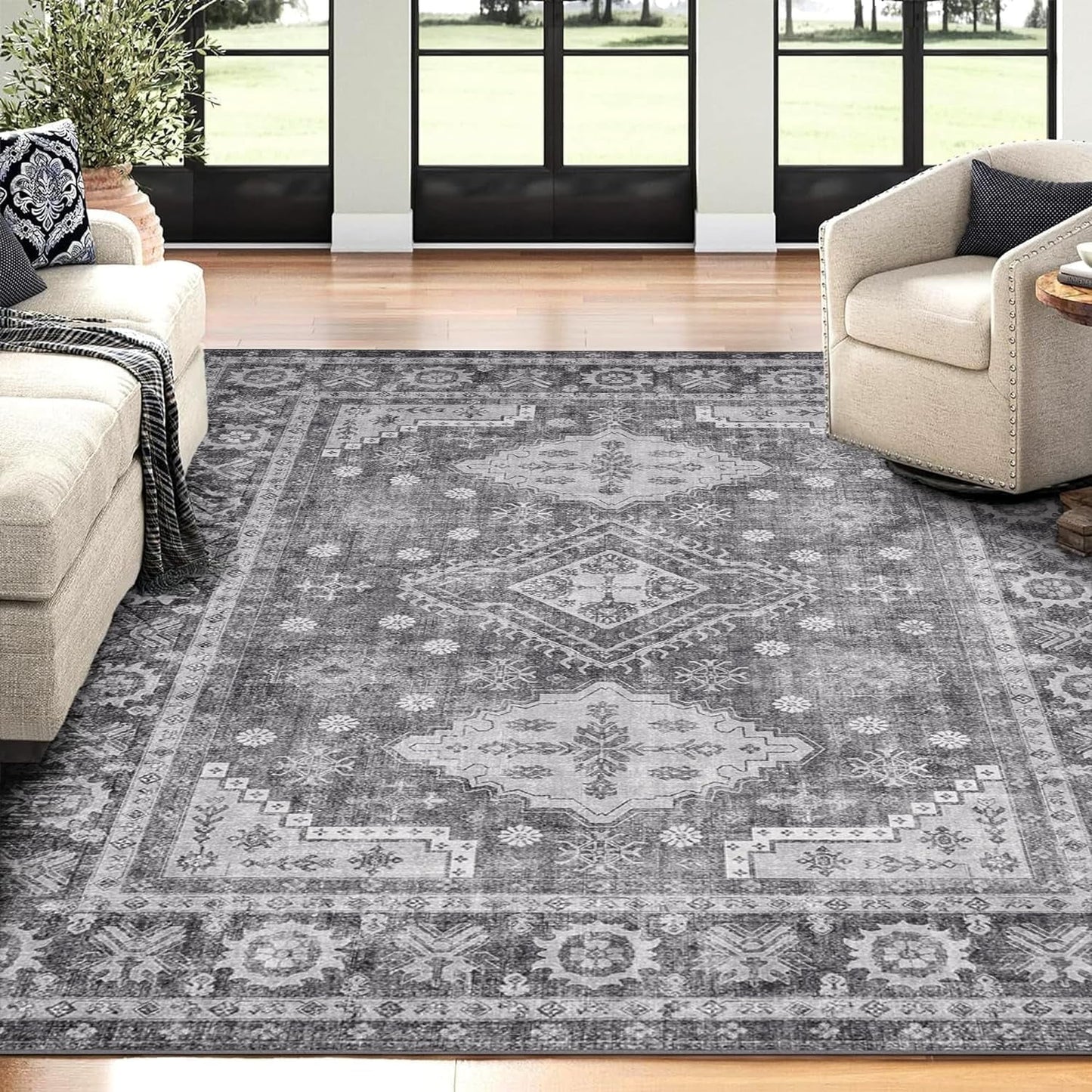 KUETH 6x9 Area Rugs for Bedroom Living Room, Machine Washable Stain Resistant Floor Cover, Large Print Boho Vintage Tribal Aesthetic Carpet, Low Pile Mat with Non Slip Rubber Backing, Distressed Gray