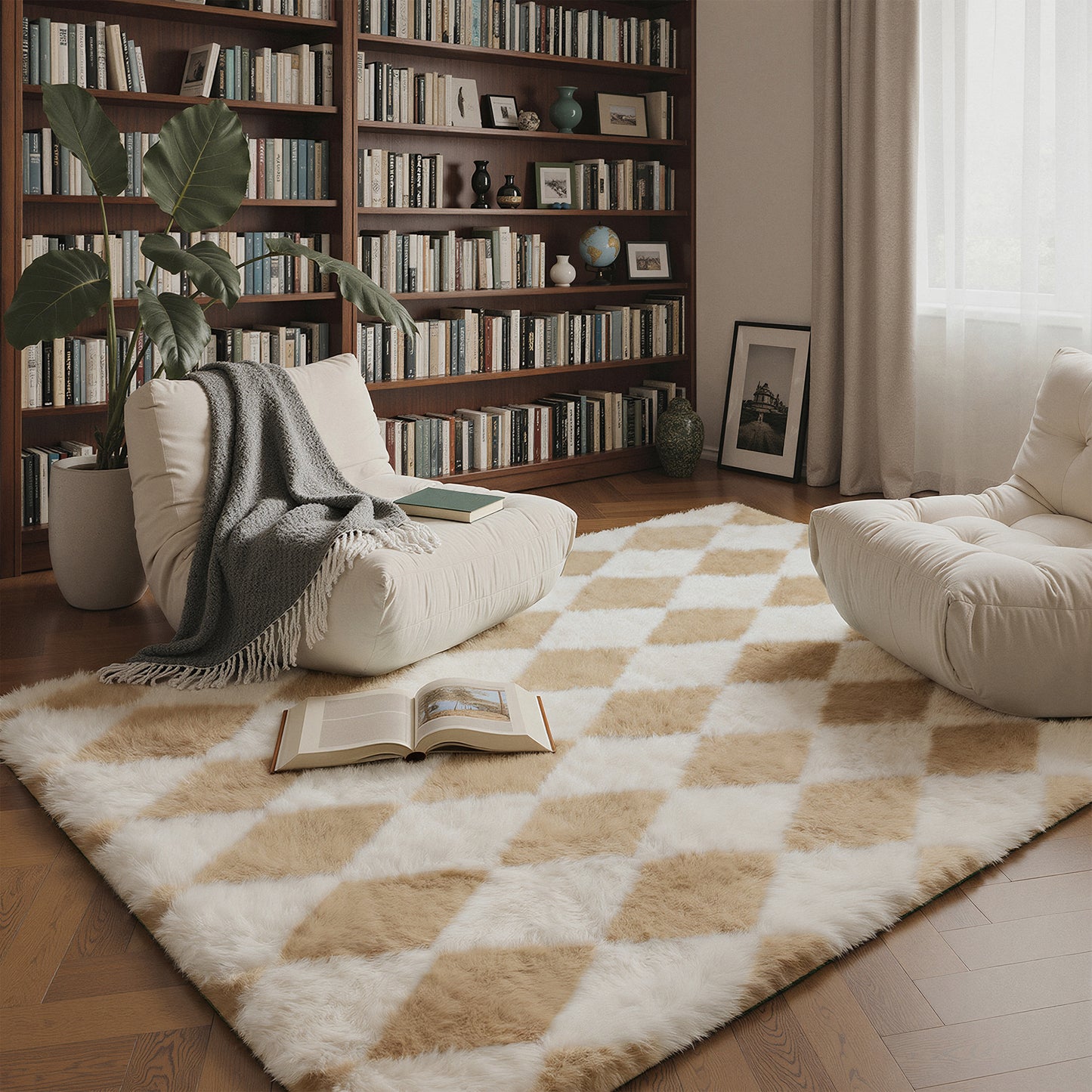 KUETH 5'x7' Fluffy Shag Washable Area Rug for Living Room Modern Geometric