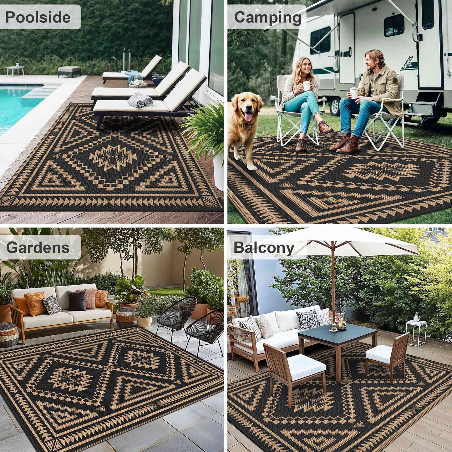KUETH 6' x 9' Outdoor Waterproof Rug Camping Mat Patio Carpet,Black & Brown