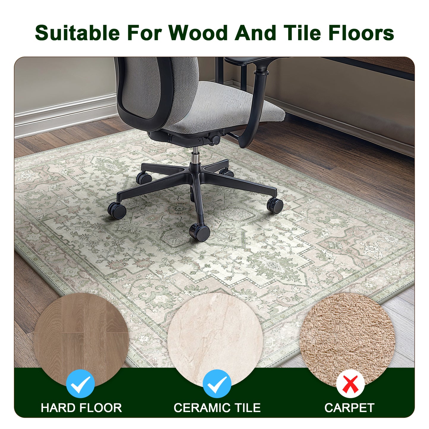 KUETH Protective Flooring Office Chair Mat for Hardwood Floor and Tile Floor, Heavy Duty Desk Chair Mat for Carpets, Anti Slip Office Floor Mats for Rolling Chairs, Low Pile Under Desk Rug