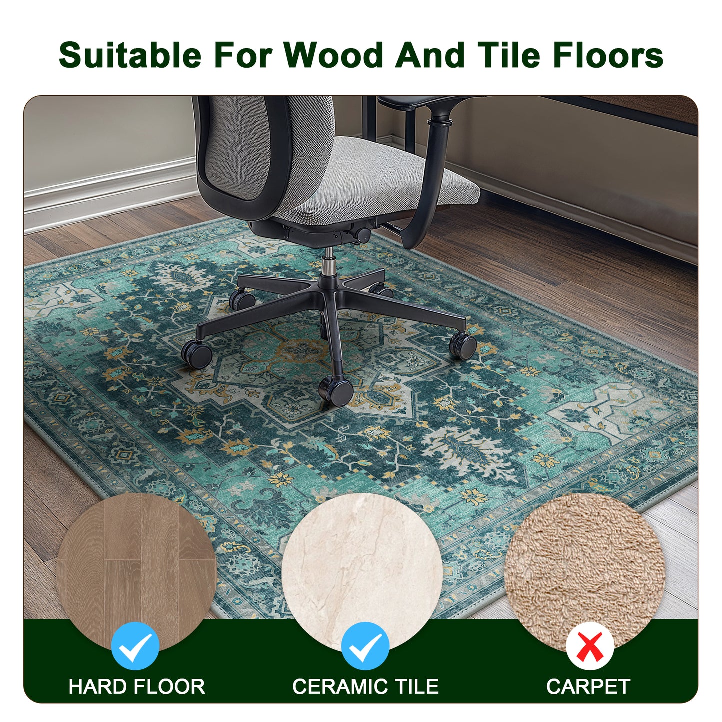 KUETH Protective Flooring Office Chair Mat for Hardwood Floor and Tile Floor, Heavy Duty Desk Chair Mat for Carpets, Anti Slip Office Floor Mats for Rolling Chairs, Low Pile Under Desk Rug
