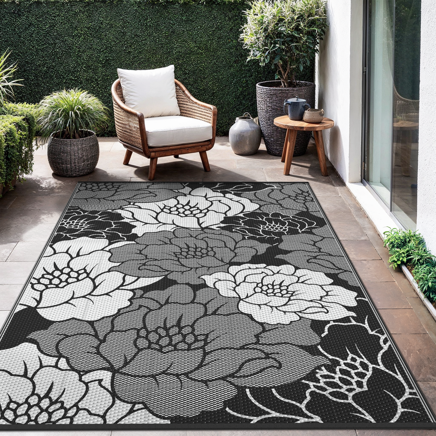 KUETH 6'x 9' Outdoor Rug Plastic Waterproof Outside Foldable Flower Mat UV Resistant Patio RV Deck Carpet,Black White
