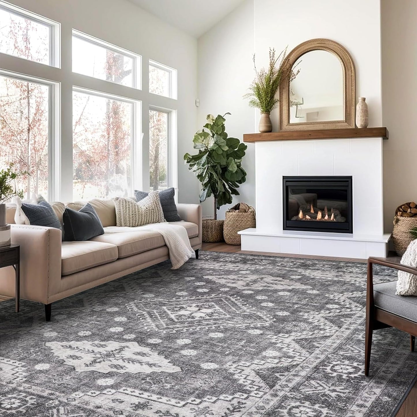 KUETH 6x9 Area Rugs for Bedroom Living Room, Machine Washable Stain Resistant Floor Cover, Large Print Boho Vintage Tribal Aesthetic Carpet, Low Pile Mat with Non Slip Rubber Backing, Distressed Gray