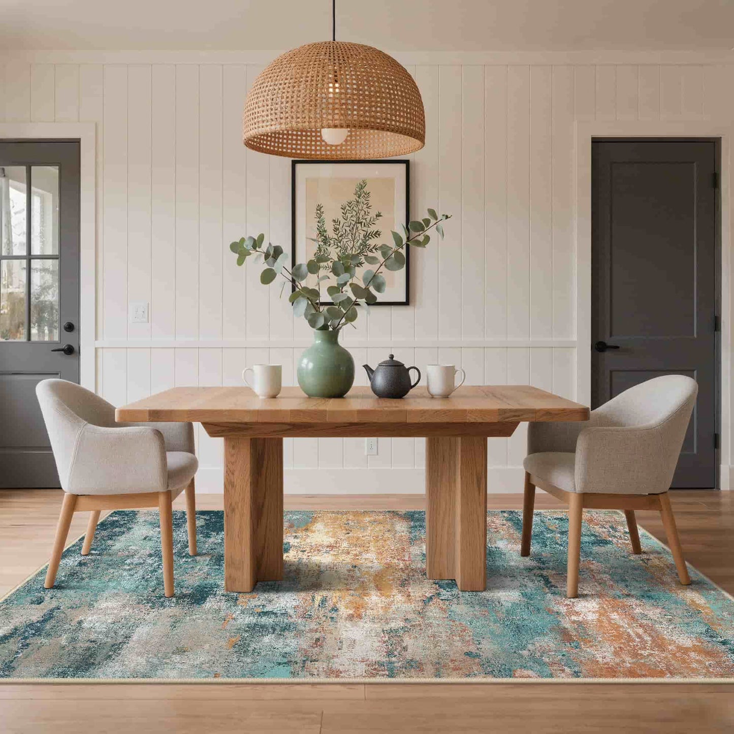 KUETH 5×7 Area Rug Washable for Living Room, Large Teal Blue Print Pattern Modern Abstract Soft Non Slip Low Pile Indoor Rug, Bedroom, Dinning Room