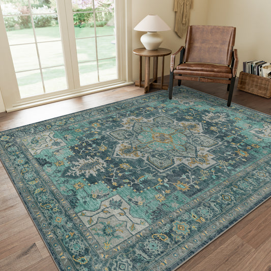 Roehit Oriental Teal Machine Washable Non-slip Rugs