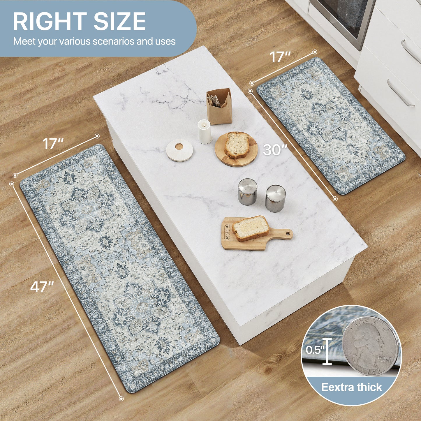 KUETH Kitchen Rug for Floor, Kitchen Mat Anti Fatigue, Non Slip Washable Kitchen Rug, Set of 2 Kitchen Mat 17"x59"+17"x30", Blue